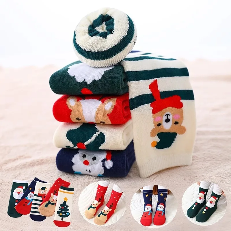 

5 Pair Children's Socks Christmas Thick Woolen Hoop Socks Winter Boys and Girls Warm and Versatile Red Cartoon Mid Tube Socks