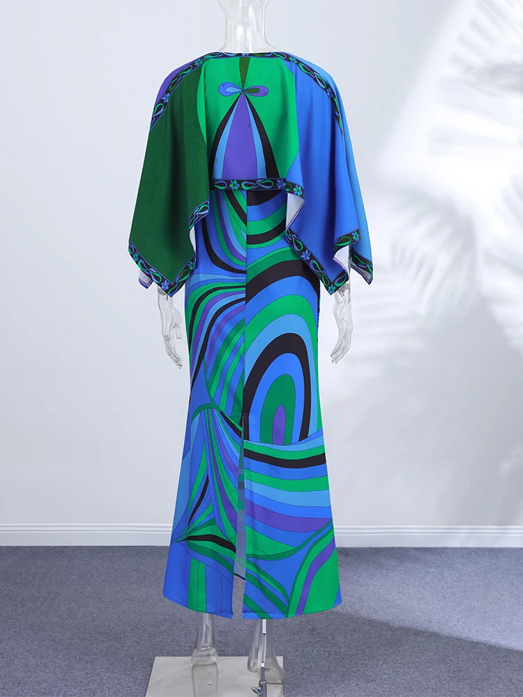Bedruckter Cape-Langrock-Anzug für Damen, elegante Oberteile mit O-Ausschnitt und unregelmäßigem Saum, A-Linien-Röcke mit hoher Taille, schicke Partykleidung für Damen, neue Strandkleidung – Detail 25
