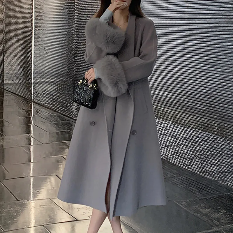 2024 Winter Cashmere Wool Coat Lady Elegant Fox Fur Cuff 100% Wool Trench Coat Fashion Oversized Coat