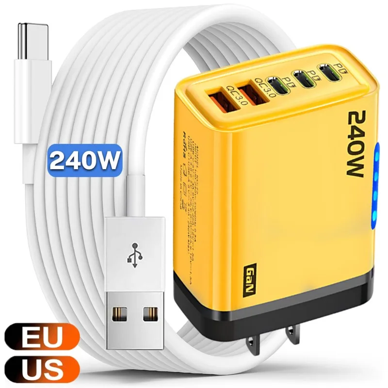 

5 in 1 GaN Desktop Charger 240W Fast Charging Adapter 10A USB To TypeC Cable 3PD 2 SB Charger for iPhone 16 15Pro Laptop Samsung