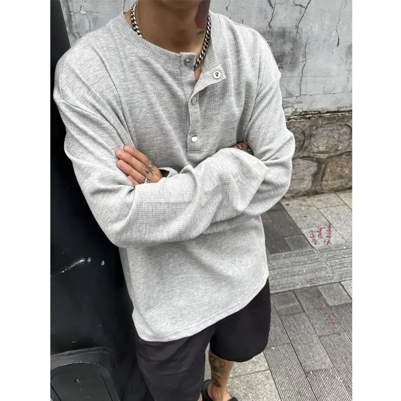 Men\'s Trend Button Loose T Shirts Spring Autumn New Long Sleeve Solid Color Plus Size Tops Tees Fashion Casual Men Clothing