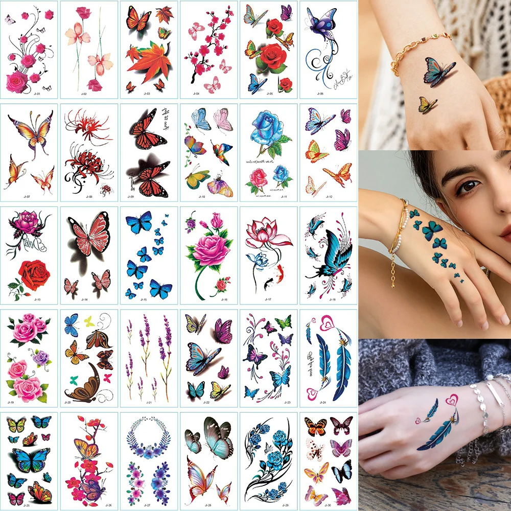

30pcs Waterproof Temporary Tattoo Stickers Disposable 3D Color Butterfly Rose Flower Feather Fake Tattoo for Women Girl Body Art