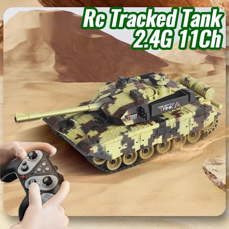 Rc Tank 2.4G 11Ch Remote Control Crawler Tracked Tank Electric Battle Tank Toy for Boys Kids Green War Tank Gift for Child