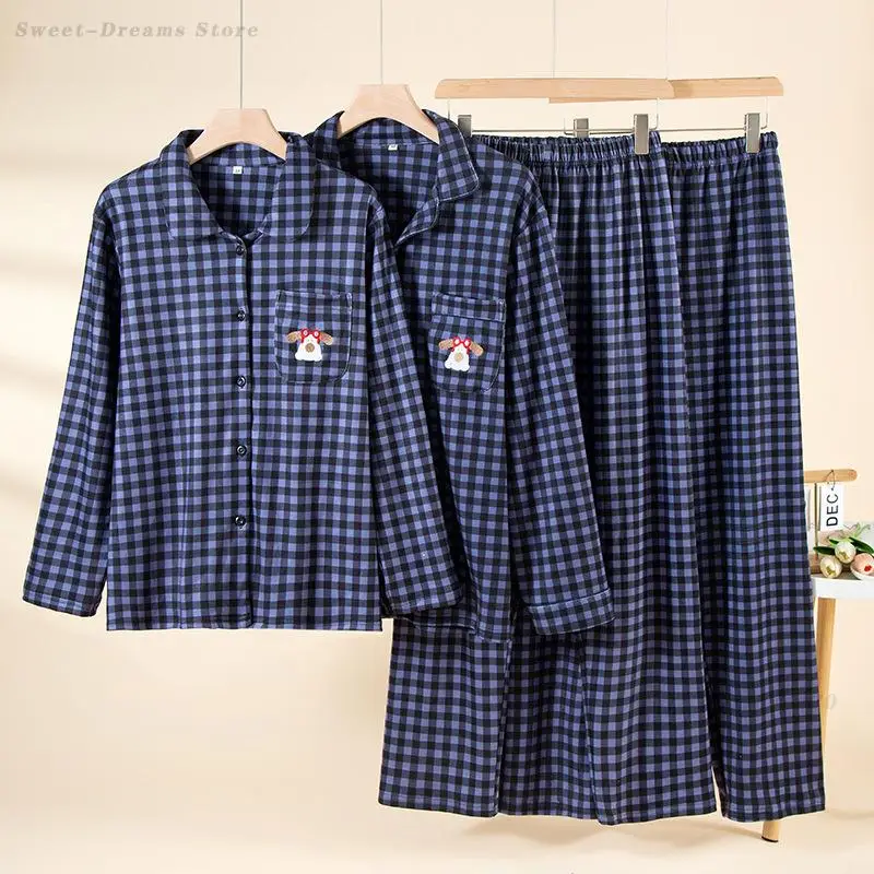

Autumn Winter Velvet Couple Sleepwear Checkered Cartoon 2Pcs Pajamas Set Long Sleeve Trouser Suits Pijamas Women Homewear Pyjama