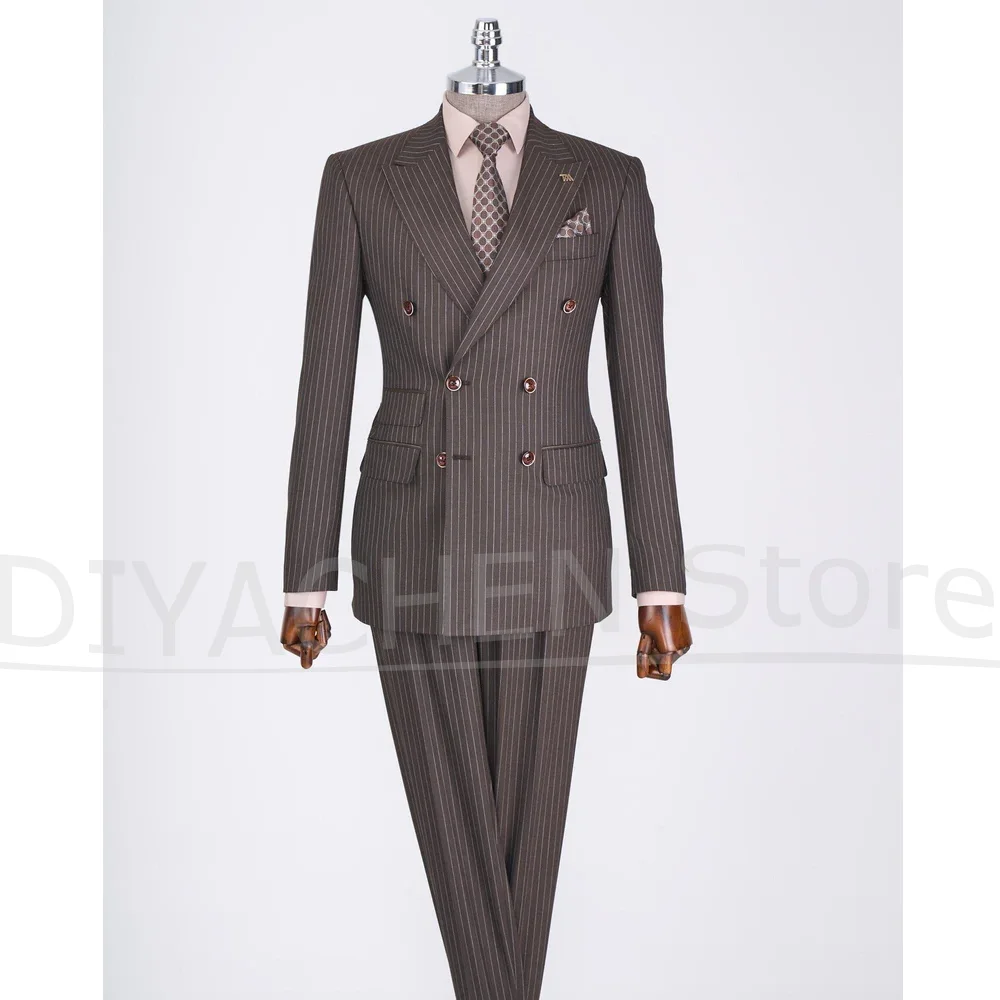 

Brown Striped Men Suits Slim Double Breasted Casual Business 2 Piece Outfit Sets Fashion Peak Lapel Daily Office Male Suit