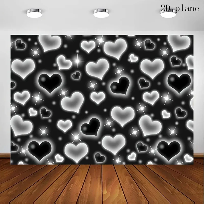 Black And White Glowing Hearts Pattern Y2K Aesthetic Valentine Day Tapestry Romantic Love Wall Art Bedroom Decor Emo Goth Print