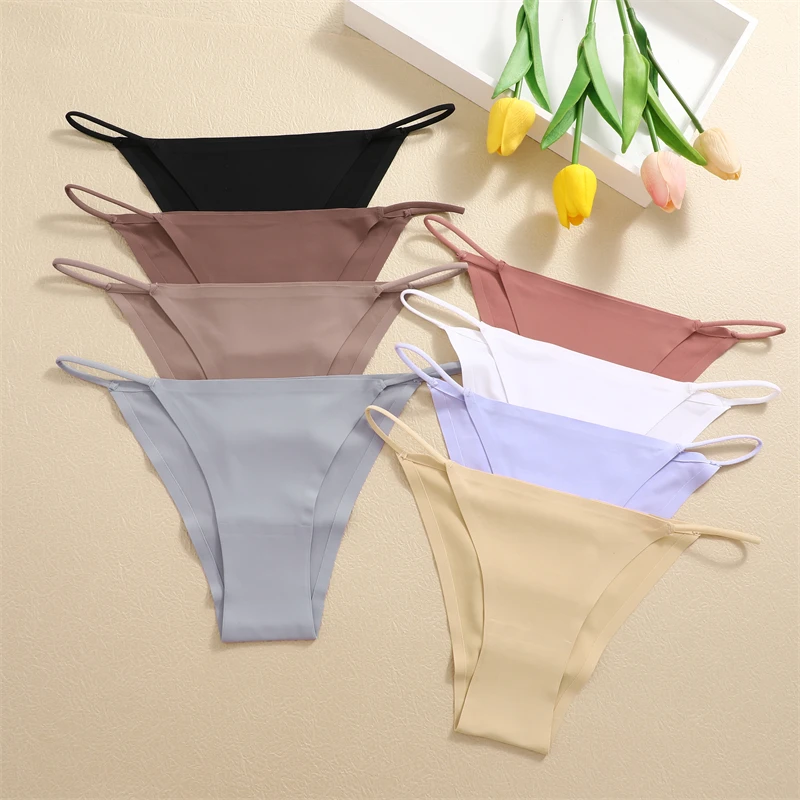 FINETOO 4Pcs/set Sexy Ice Silk Underwear for Women Seamless Briefs Panties Female Soild Thin Strap Lingerie Breathable Intimates