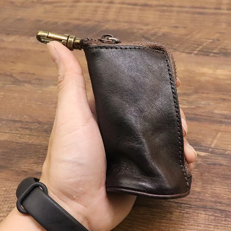 Genuine Leather Coin Purse Key Chain Holder Vintage Wallet Handmade Zipper Pocket Storage Bag Keyring Card Case Organizer