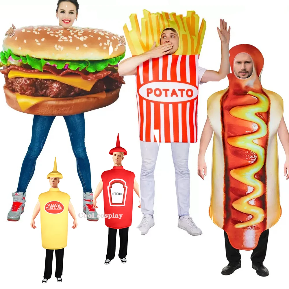 

Halloween Funny Food Cosplay Costume Adult Family Fancy Dress Pizza Burger French Fries Sausage Hot Dog Carnival Party Outfit