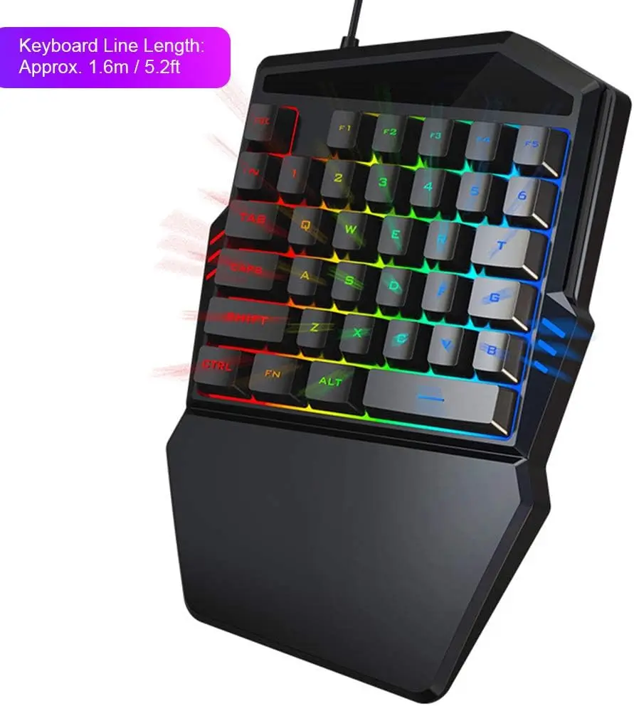 One Hand RGB Gaming Keyboard and Mouse Combo, USB Wired RGB Rainbow Letters Backlit Single Hand Mechanical Keyboard with Wrist