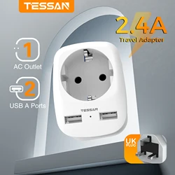 TESSAN EU to UK Travel Plug Adapter with AC Outlet & 2 USB, Wall Socket USB Charger for Ireland Scotland British (Type G)