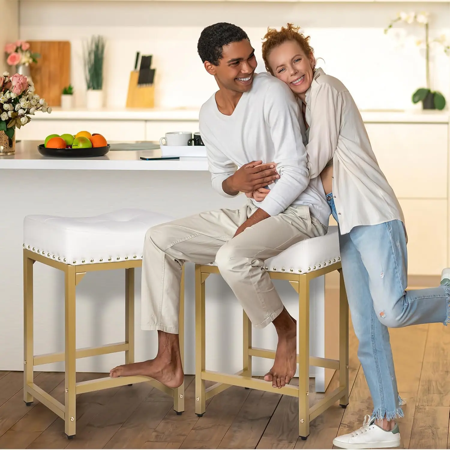 Set of 4 Counter Height,  Gold Bar Stools for Kitchen Island, 24 Inch Modern Counter Stools Set of 4 Backless Barstools Stools