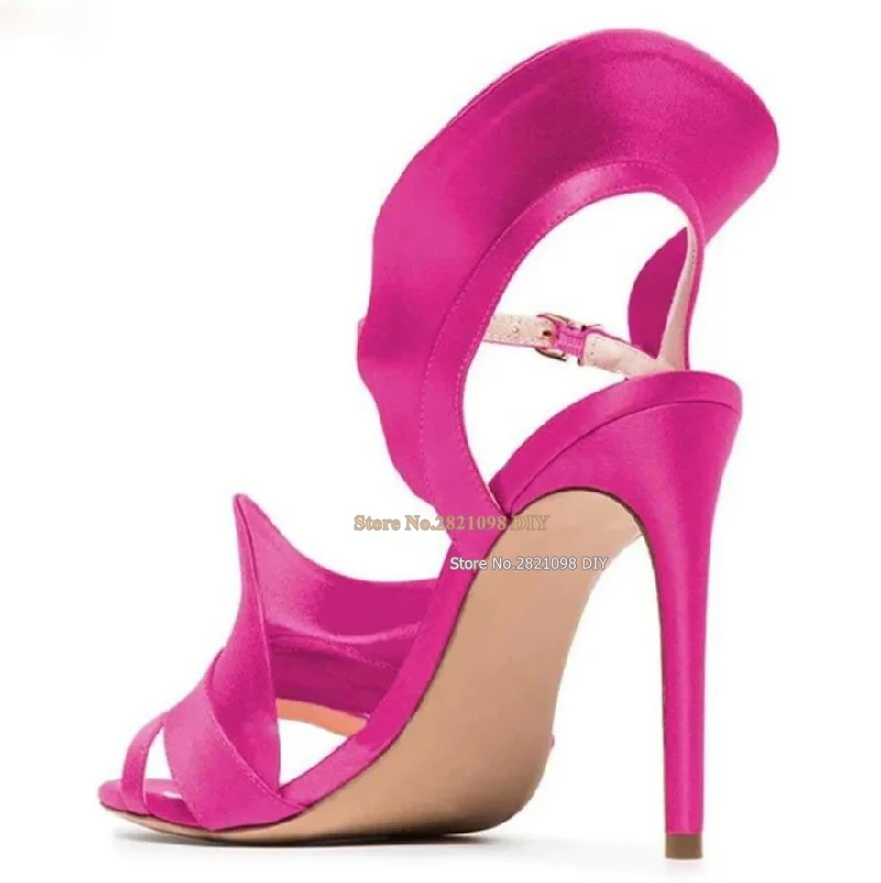 Women Lotus Leaf Leather High Heeled Sandals Stiletto Heel Round Toe Ankle Wrap Flower Decor Open Toe Summer Dress Shoes