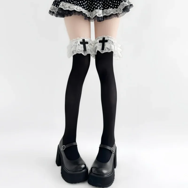 Sweet Girls Princess Style Over The Knee Or Calf Socks Decorated With Cross Ornament Three Layers Lace Trim Soft Elastic Hosiery