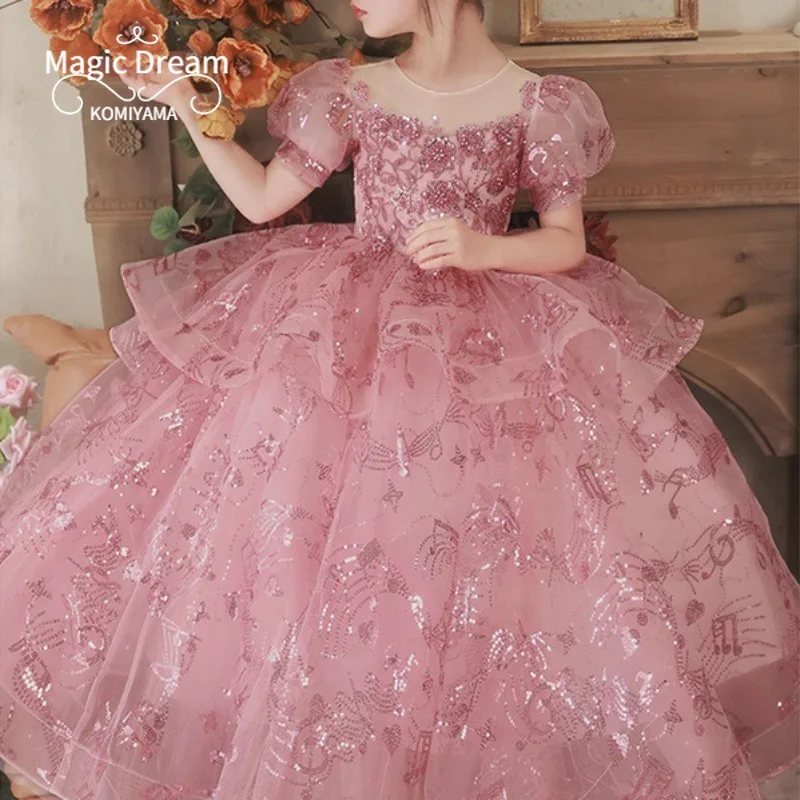 Customized Sequin Elegant Puff Sleeve Flower Girls Ball Gown Princess Dress O-neck Sweet Kids Birthday Party Dress Perform Banqu