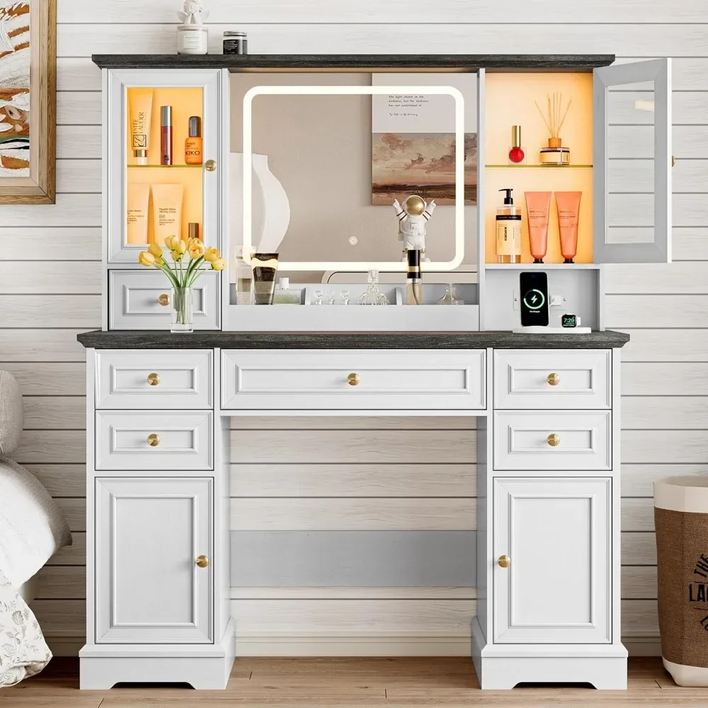 [Free Shipping!Hot Deal!]luxury desk with high-definition illuminated mirror and built-in power outlet, spacious farmhouse-style