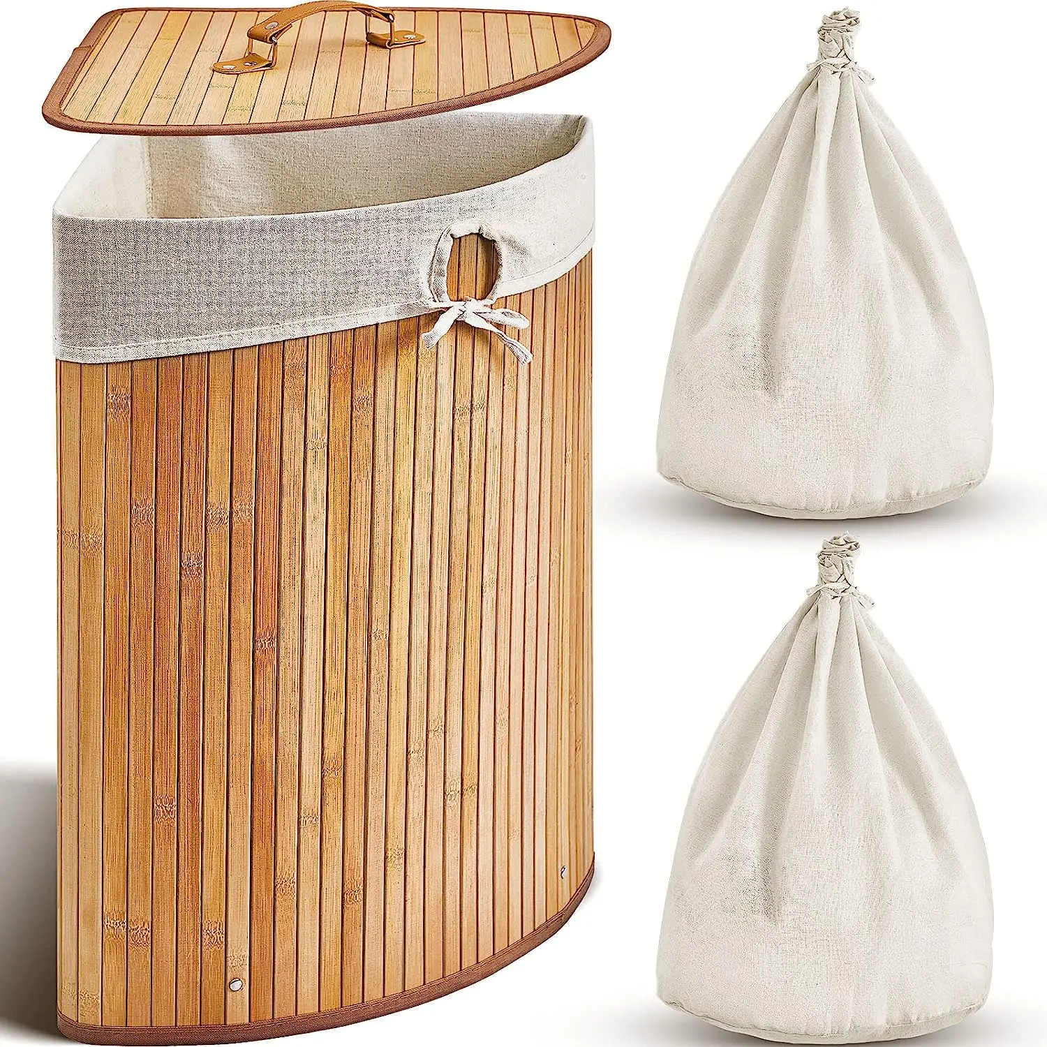 

！@Combohome Corner Laundry Hamper with Lid Bamboo Laundry Basket Removable Lining Large Laundry Bins-Nature