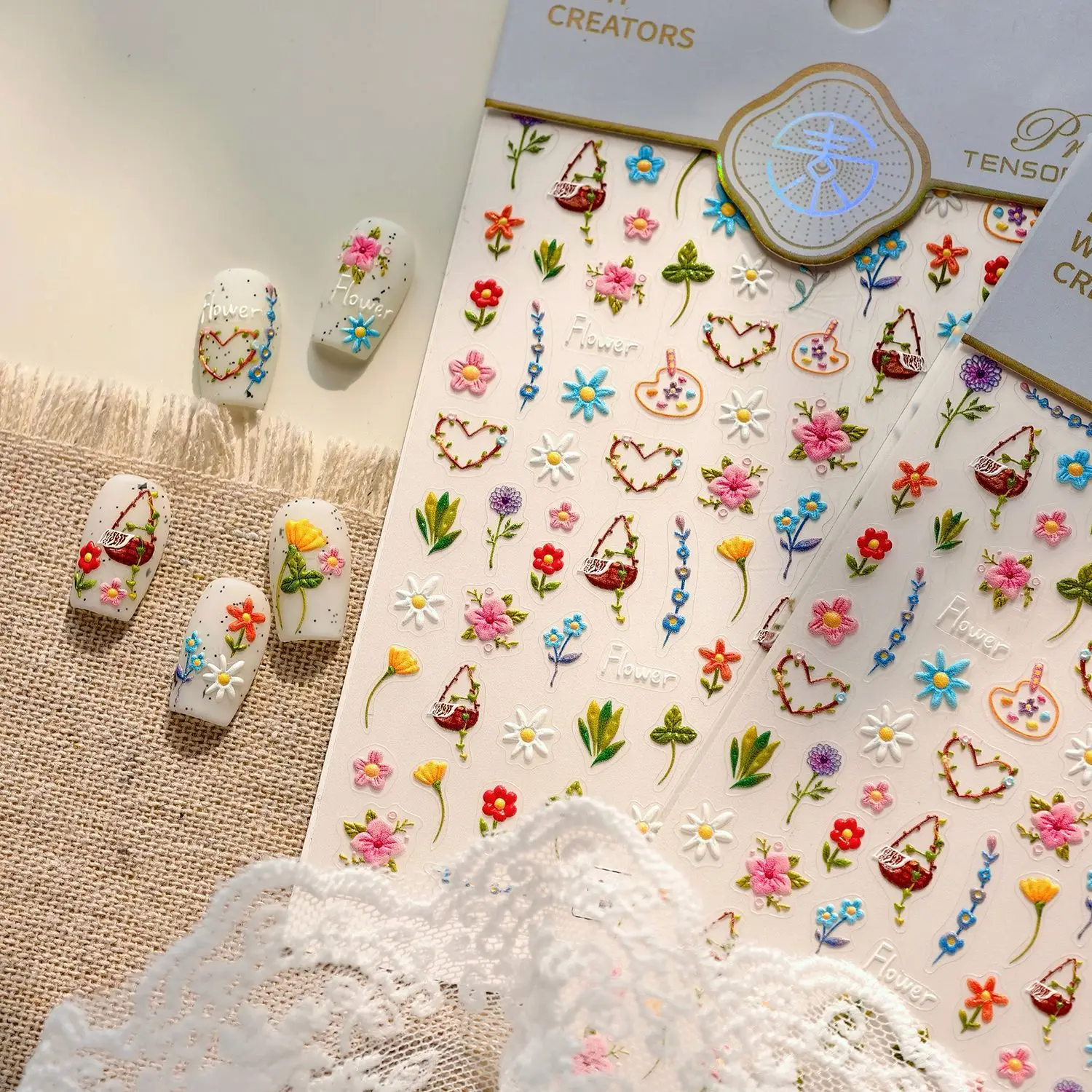 Fresh Flower Heart Nail Stickers Cute Dopamine Colorful Self Adhesive Waterproof Premium for Party Home