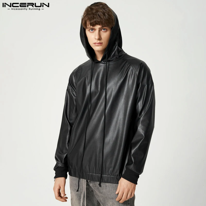 INCERUN Men Sweatshirts Solid Color PU Leather Hooded Long Sleeve Fashion Casual Hoodies Streetwear 2023 Punk Men Pullover S-5XL