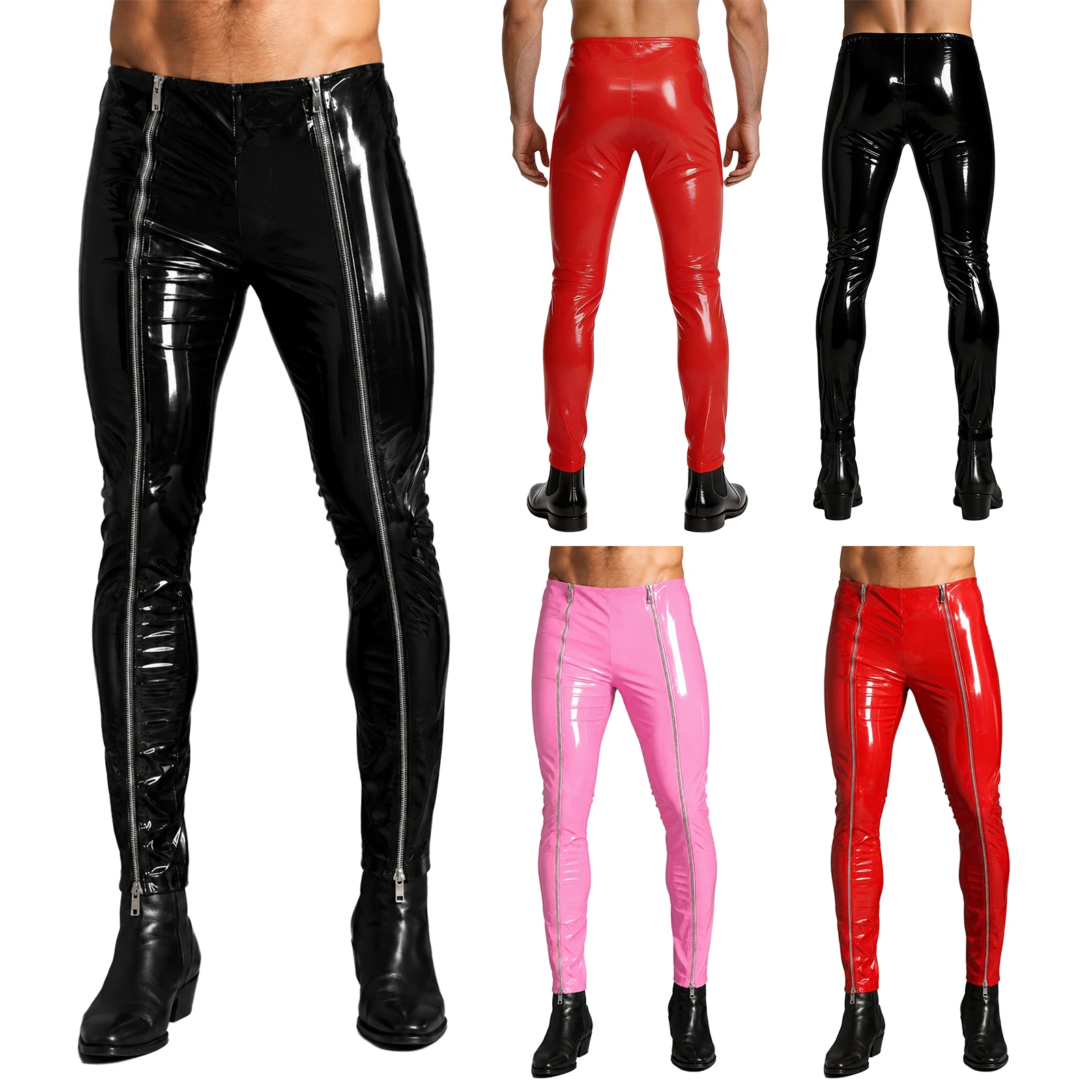 Mens Patent Leather Front Zipper Leggings Wet Look Solid High Waist Skinny Pencil Pants Gothic Punk Tights Trousers Clubwear view 5