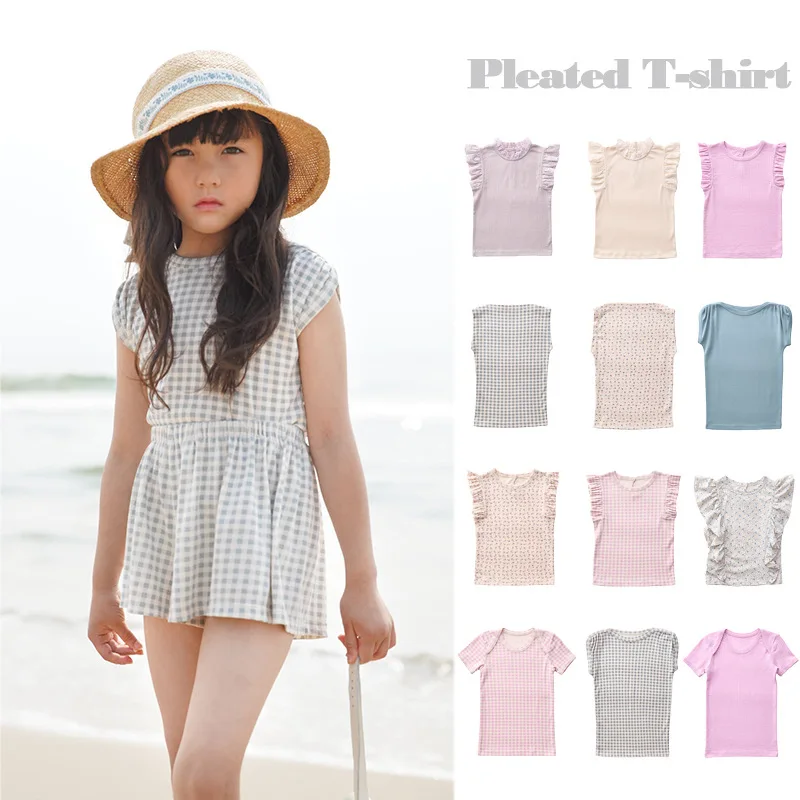 Children's top 2026 summer SP girls' trendy floral lace short-sleeved T-shirt soft and cozy base layer set