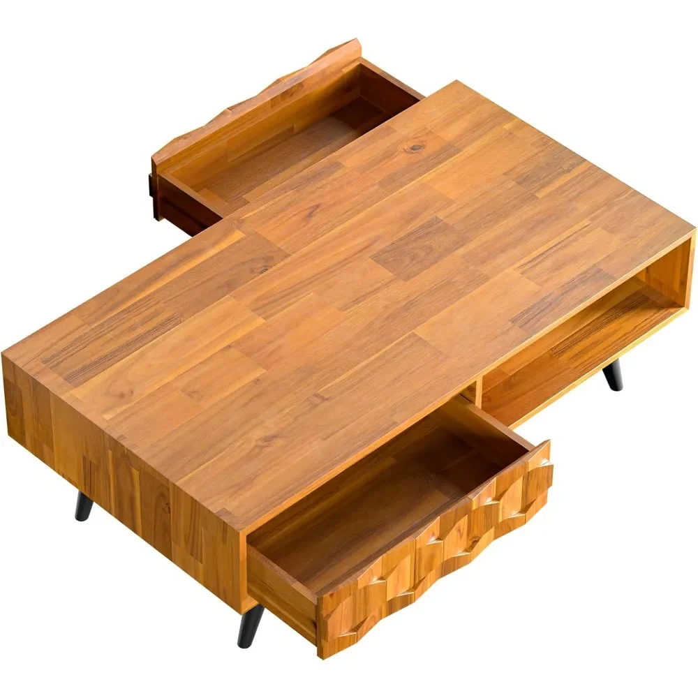 Solid Wood Coffee Tables for Living Room, Coffee Table Mid Century Modern with 2 Symmetrical Storage Drawers