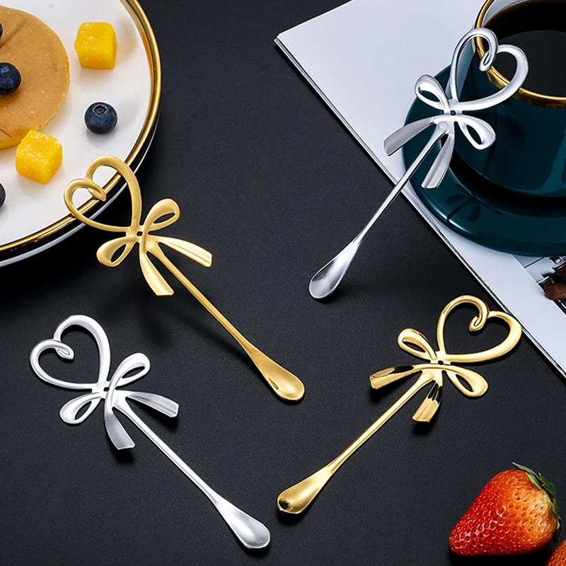 3D Bow Knot Heart Shaped Mini Coffee Spoon Tea Dessert Hanging Spoon Gold Silver Spoon Stainless Steel Flatware