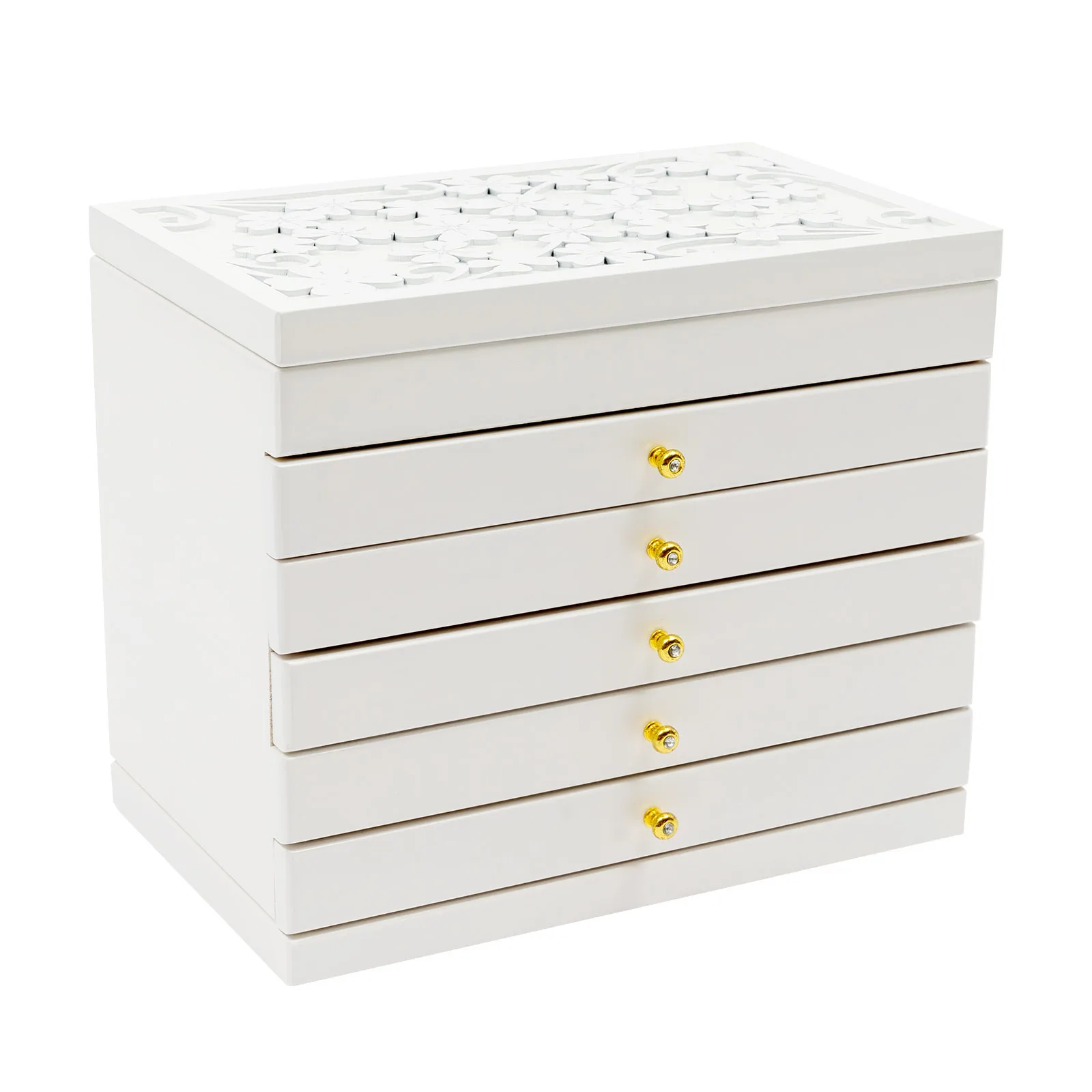 6-Schichtige Schmuck-Aufbewahrungsbox mit Spiegel, Kleeblatt-Gravur, Schmuck-Organizer, Weiß, Vintage-Stil, Aufbewahrungsbox für Ohrringe und Ringe – Detail 3