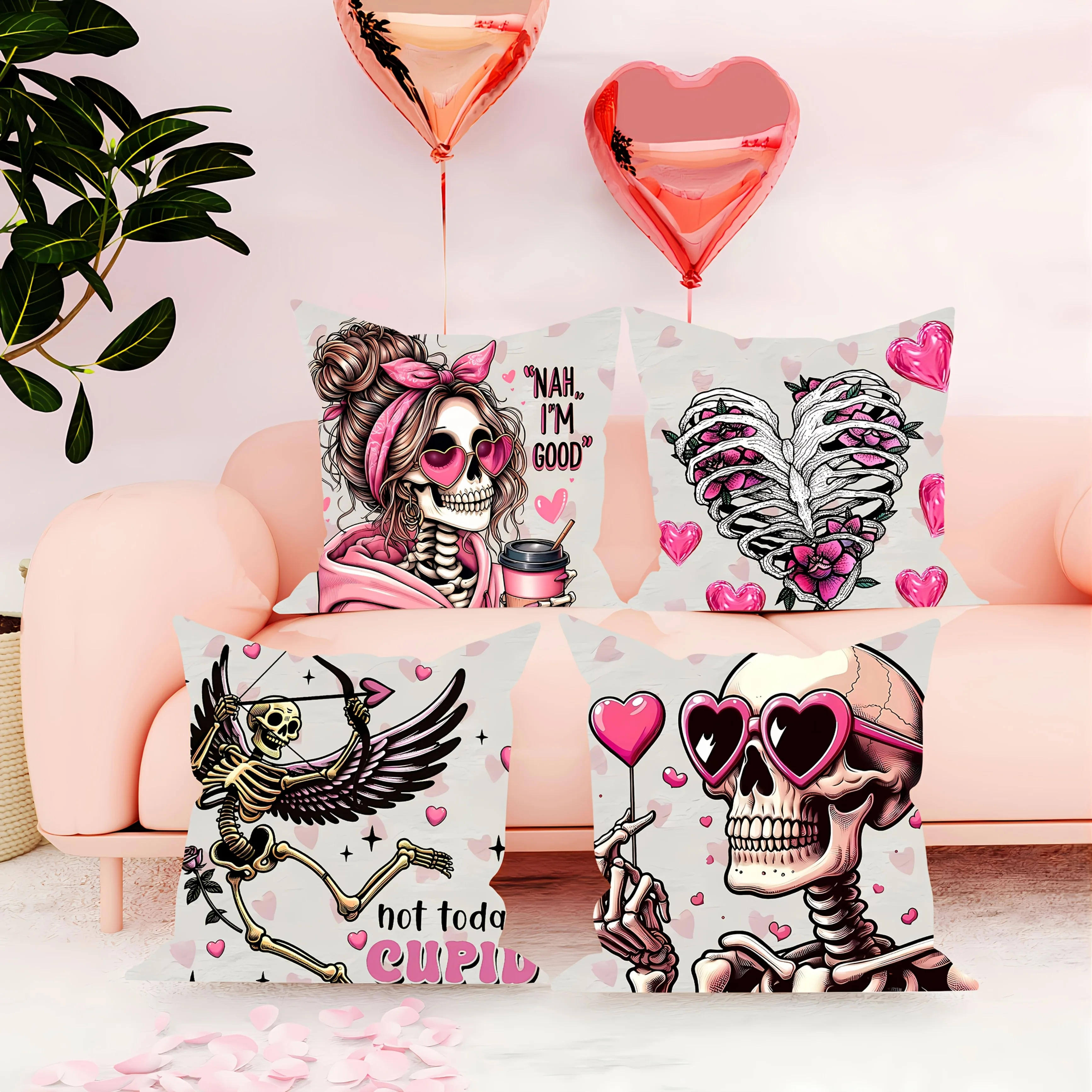 4pcs Valentine's Day Pillowcase, Skull Cupid Skeleton Couple Love Funny Y2K Pink Velvet 18inx18in, Living Room, Sofa