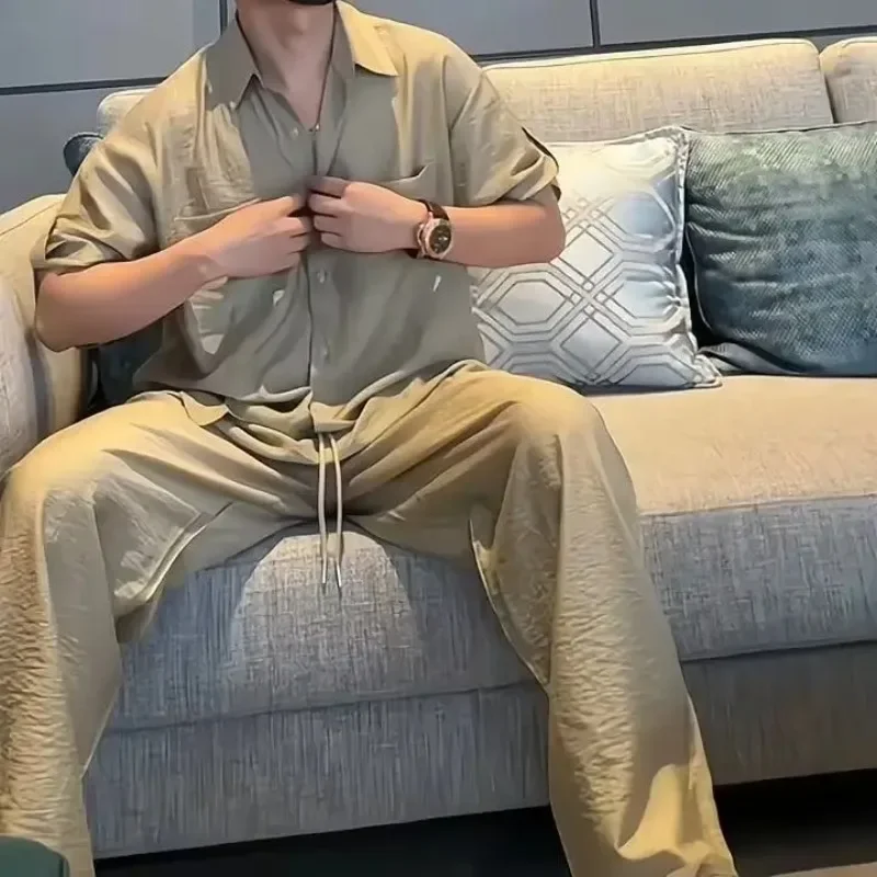 

Nylon Man Trousers Sets Shirts Trendy Two Piece Set Essential Novelty in Regular Fit Baggy Chic Tee T-shirts Pants Suits for Men