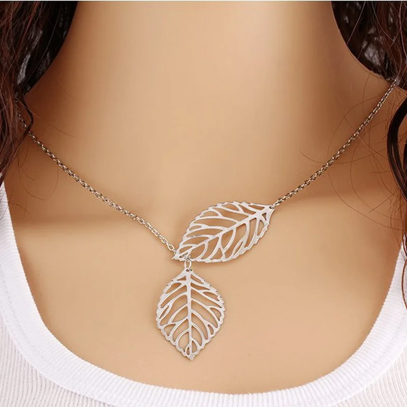 New Fashion Double Leaves Women Boho Simple Alloy Clavicle Necklace Leaf Pendants Necklaces Collares Accessories Jewelry Gift