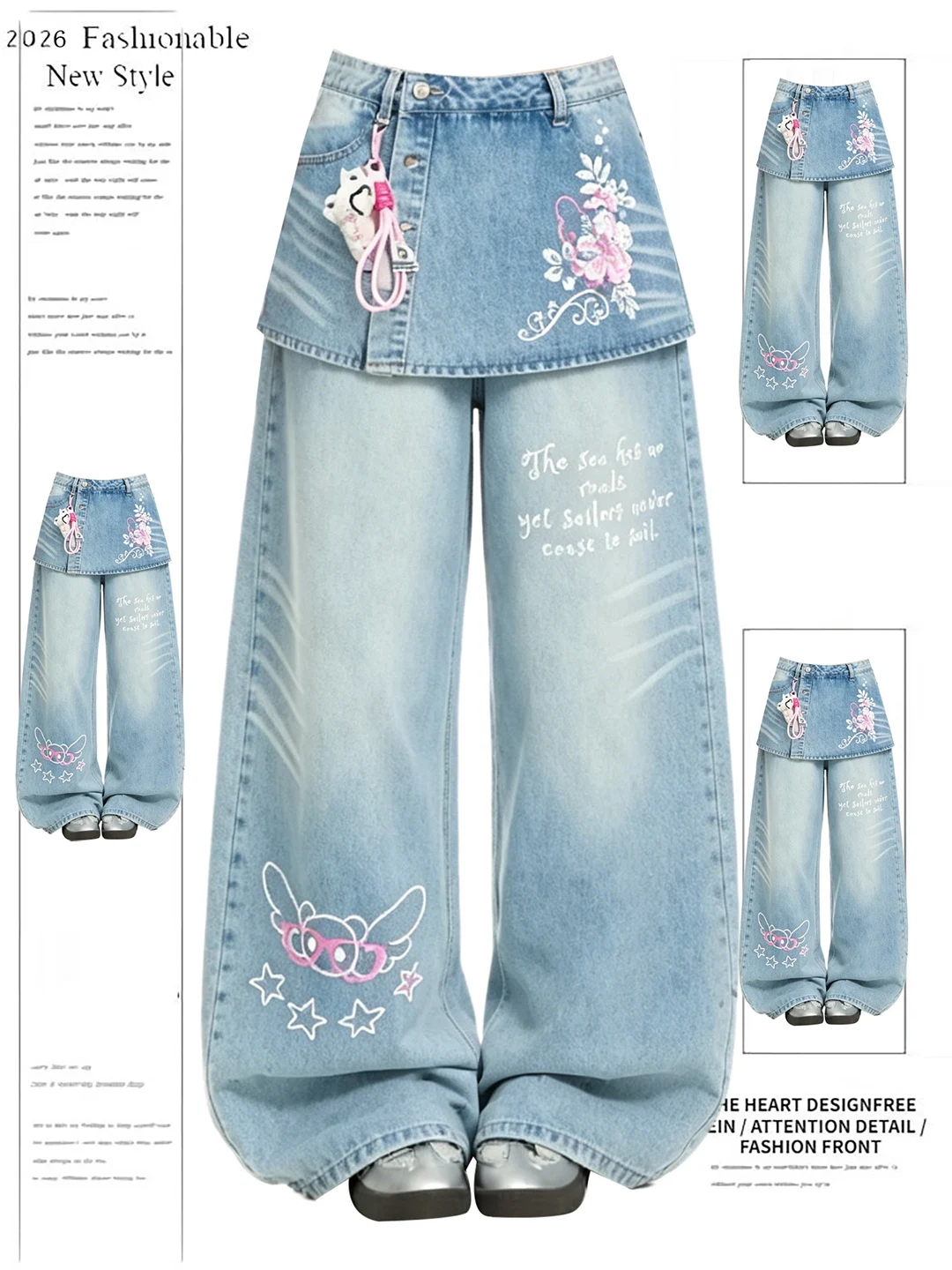 

American Retro Print Slimming Denim Skirt Pants Summer Straight Wide Leg Floor-Length Pants High Waist Casual Blue Jeans
