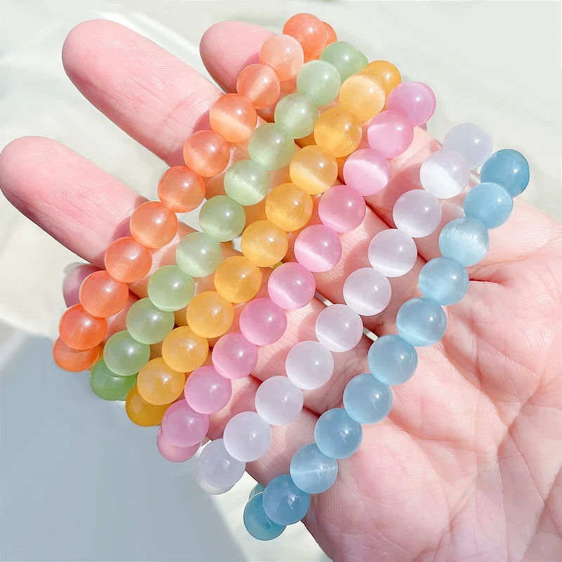 Natural Cat Eye Stone Bracelet Charm Women Opal Beaded Bracelets Multicolor Stretch Bangles Men Yoga Wrist Jewelry Friends Gifts