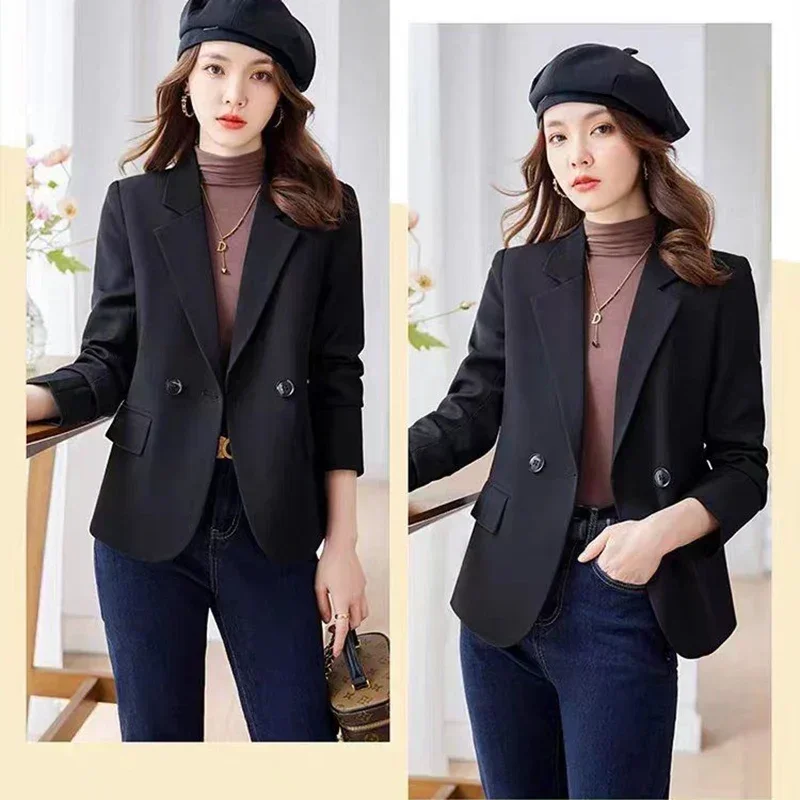 Blazer lengan panjang Korea wanita, mantel hitam kantor gesper ganda musim gugur kerah lipat untuk perempuan