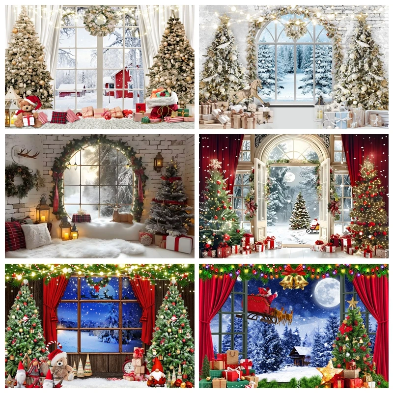 Winter Window Merry Christmas Party Backdrop Photography Santa Claus Xmas Tree Gifts Baby Portrait Photographic Background Props