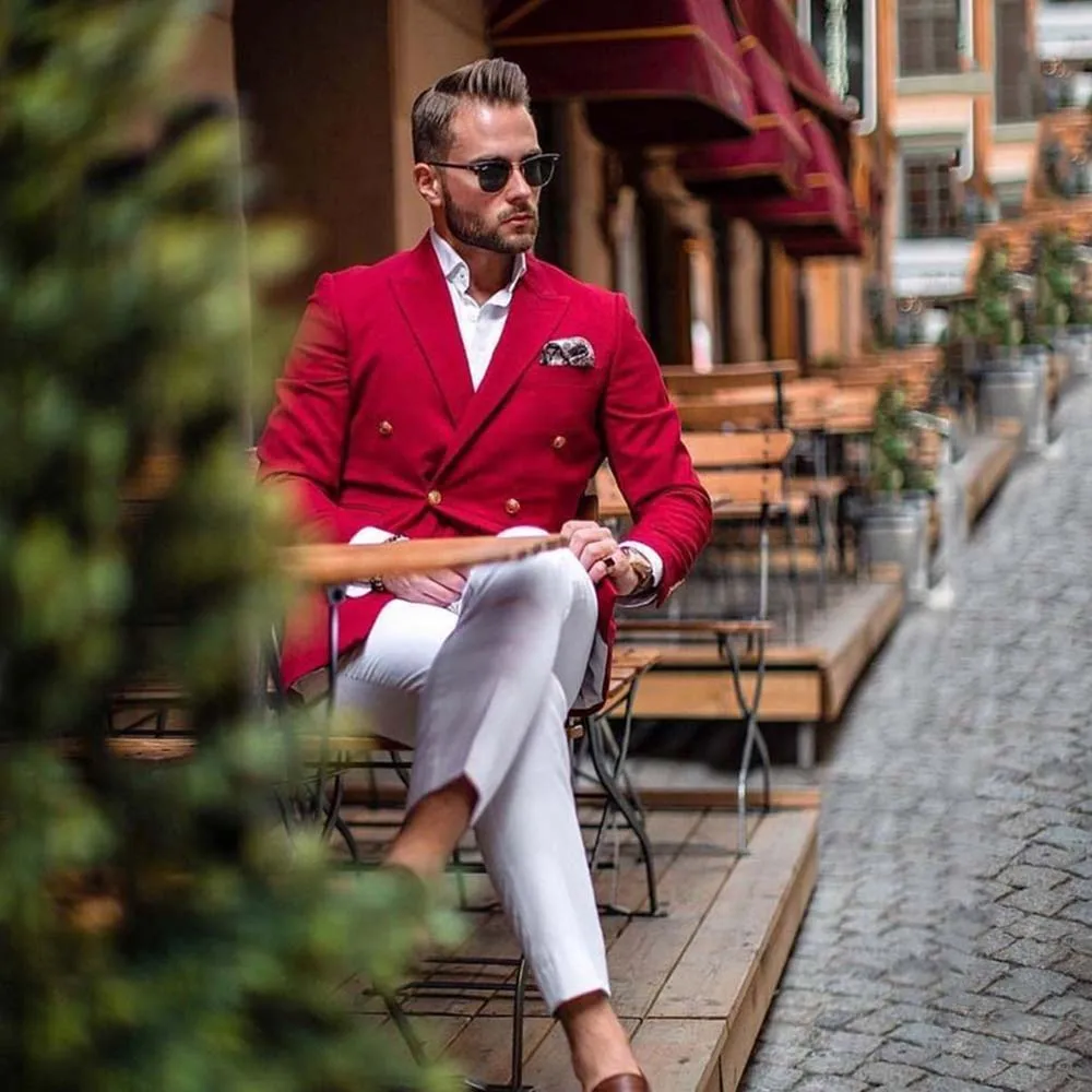 High Quality Suits for Men Double Breasted 2 Pieces Red Jacket White Pants Blazers Sets Slim Fit Banquet Office Male Clothing