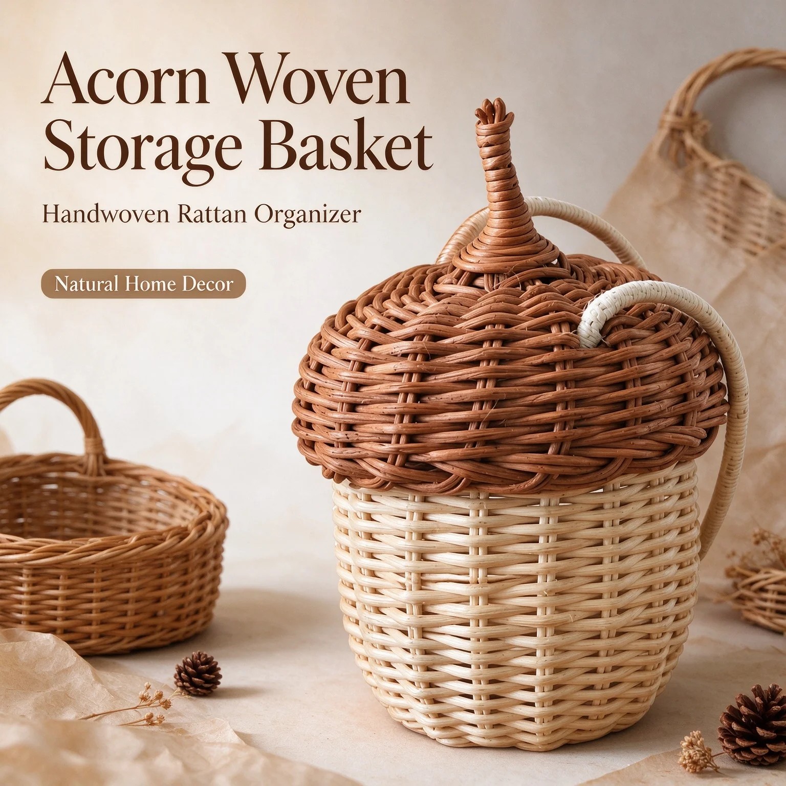 Handwoven Rattan Acorn Storage Basket, Cute Wicker Basket with Lid, Natural Handmade Home Decor Organizer for Nursery