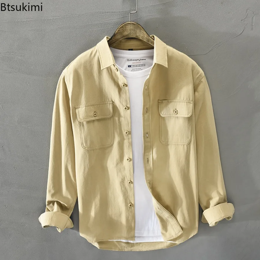 2025 New Style Men's Vintage Shirts Long Sleeve Two Pocket Design 100% Cotton Casual Shirt Coats Spring Simple Lapel Shirts Male