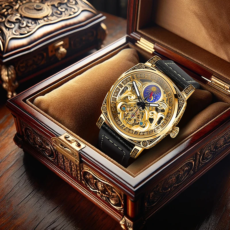 

Мужские классические механические часы в деловом стиле желтого и черного цвета с изысканным гравировкой солнца и луны.