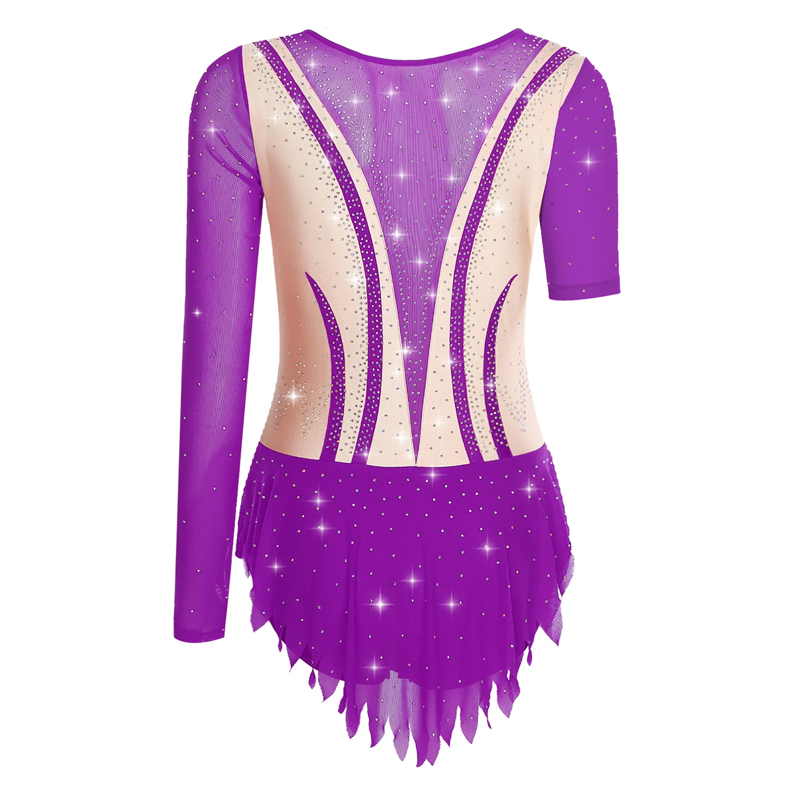 Robe de danse Patchwork pour femmes, bloc de couleurs, maille transparente, strass scintillants, robe asymétrique de patinage artistique