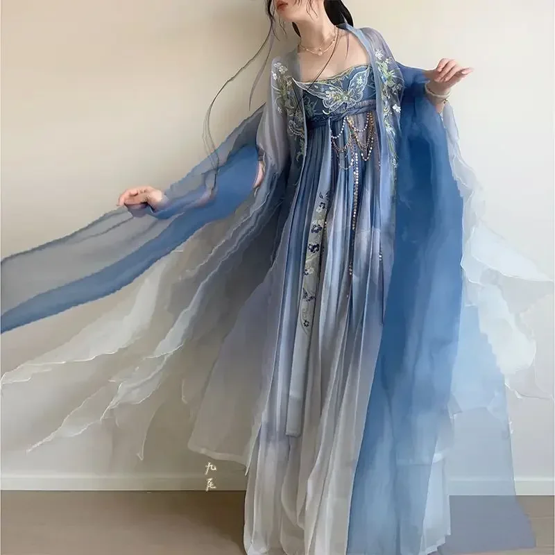 Ricamo da donna blu Hanfu stile tradizionale cinese girocollo robe girl primavera ed estate nuovo abito da prestazione per adulti