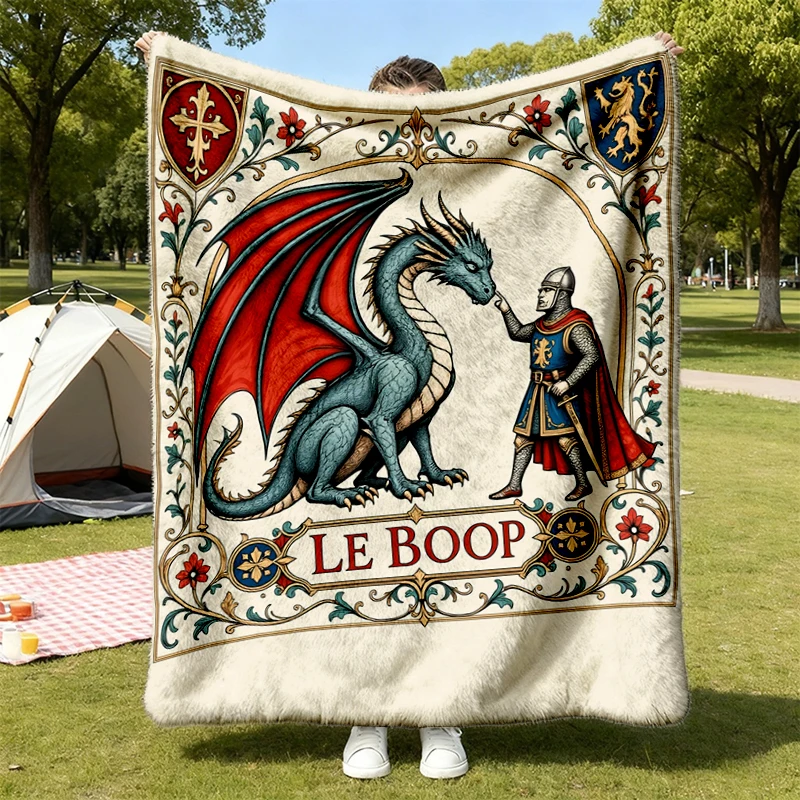 Knight Booping Dragon Flannel Blanket, Funny Medieval Fantasy Throw, Renaissance Faire Gift