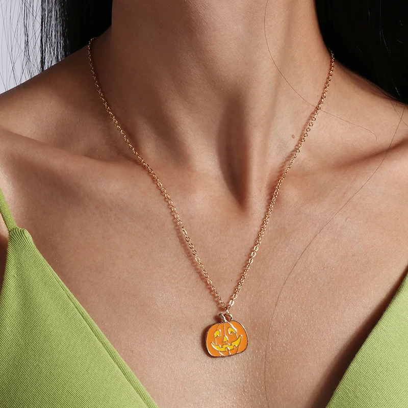 Aihua Niedliche Emaille-Halloween-Kürbis-Halskette, Fledermaus, Mumie, Hexe, Skelett, Augapfel, Halskette für Damen und Herren, Halloween-Party-Schmuck – Detail 6
