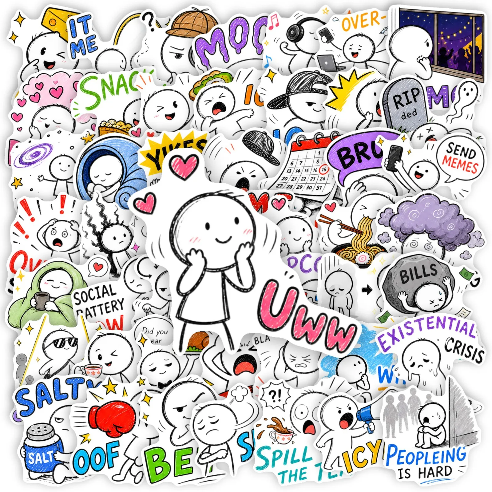 50 PCS Cartoon Fun Simple Line Expression Stickers Pack Decorate Luggage Laptop Scrapbook Phone Waterproof Stationery Decals