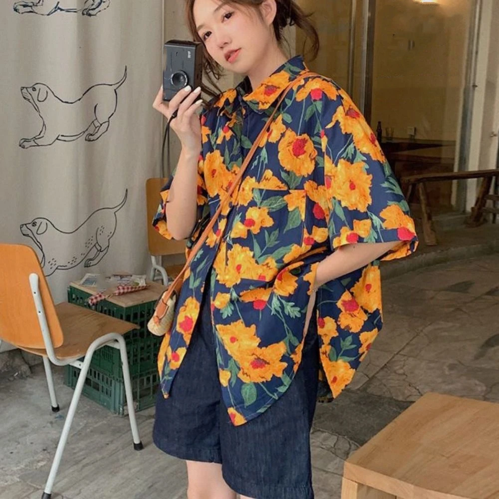 

Fashion V-neck Floral Short Sleeve Shirts Y2K Loose Flower Blouse Women Retro Streetwear Sweet Girls Shirts Summer