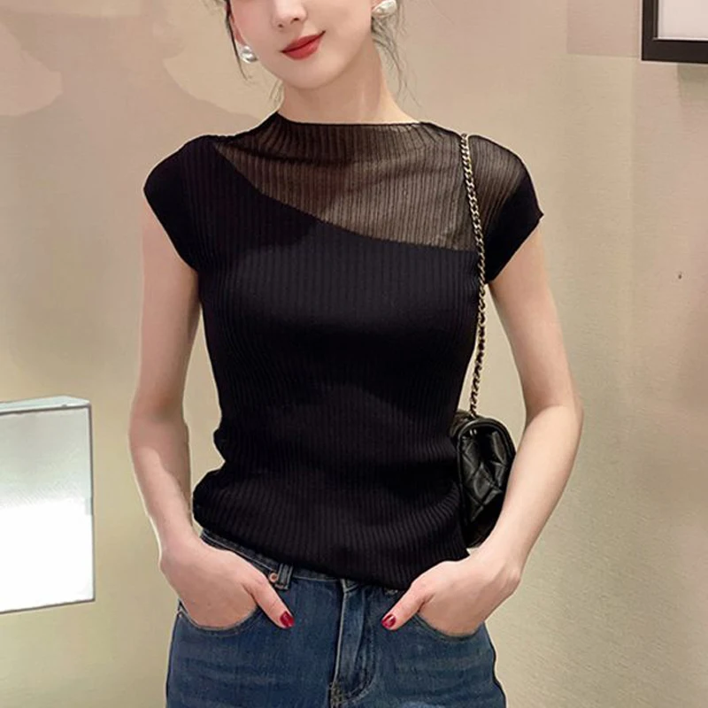 Women Clothing 2024 Summer Sexy Sheer Patchwork Elegant Ribbed Knitted T-shirt Office Lady Korean Black Slim Basic Pullover Tops