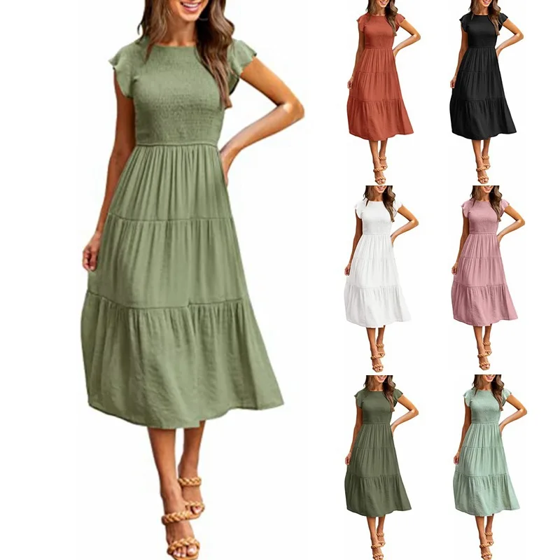 ผู้หญิงยุโรปอเมริกันที่ขายดีที่สุดกระพือแขน Smocked ฉัตรแขนสั้น Flared Dress