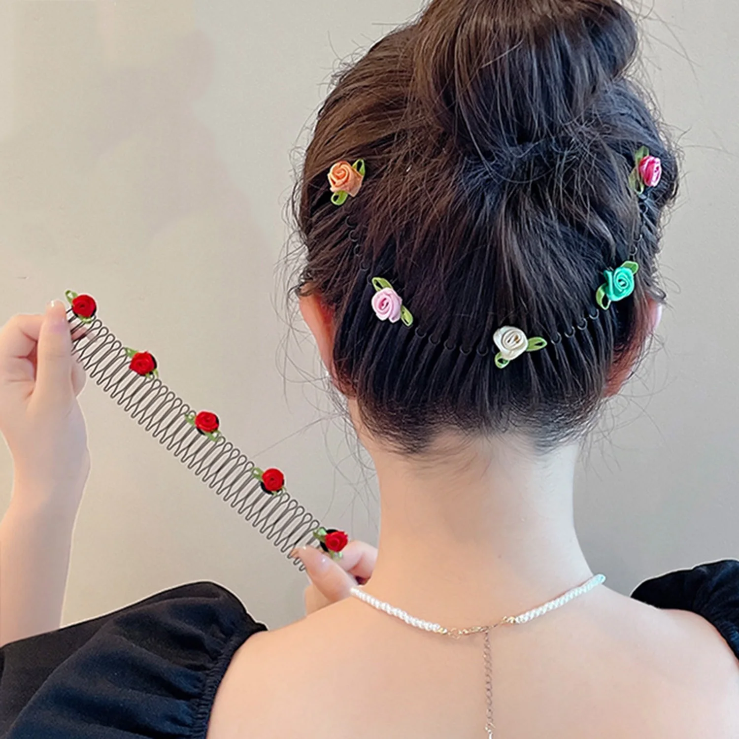 New Cute Colorful Rose Pull-out Stretch Metal Hair Comb For Girls Broken Hair Finish Headband Fashion Hair Accessories