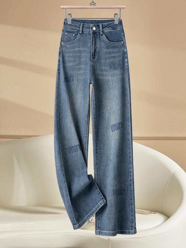 

Женские джинсы Slim Fit с высокой талией, весенне-осенние, новая модель, с вышивкой, прямые широкие брюки в корейском стиле, повседневные
