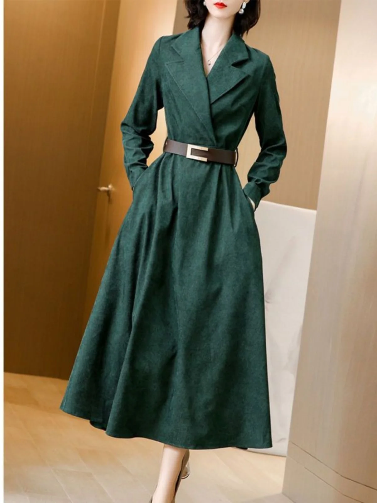 Corduroy Dr Suit Collar Spring Autumn Women's Waist Cinching Early Spring Long Dr Spring Faion Autumn Winter